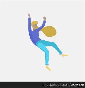 Inspired woman flying in space. Character moving and floating in dreams, imagination and inspiration. Flat design style, vector illustration.. Inspired woman flying in space. Character moving and floating in dreams, imagination and inspiration. Flat design style