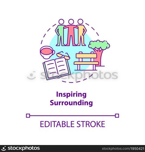 Inspiring surrounding concept icon. Positive thinking abstract idea thin line illustration. Happiness mindset component. State of mind. Vector isolated outline color drawing. Editable stroke. Inspiring surrounding concept icon