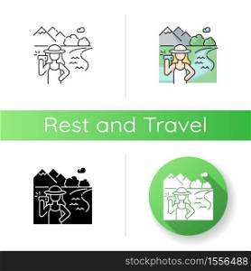 Insta tourism icon. Linear black and RGB color styles. Trendy vacation, recreational activity. Taking pictures on travel. Social media influencer taking selfie isolated vector illustrations. Insta tourism icon