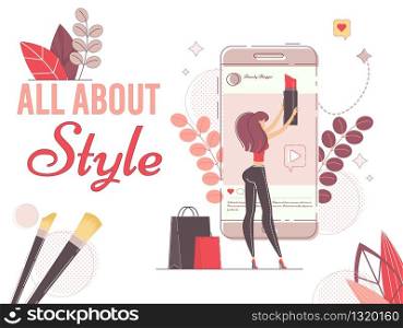 Instablog about Cosmetics, Fashion, Style Production. Landing Page Design. Pretty Young Woman Using Mobile Phone for Finding New Cosmetics Trends, Shopping Online. Vlogging, Blogging, Social Media. Cosmetics, Fashion, Style Instablog Production