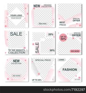 Instagram Fashion Stories Vector Illustration. Sale Template for Last Season and Wedding Collection, Special Offers and Best Prices up to 50 Percent. Editable Logo Banners. Social Media Flyers. Pack for Instagram Info Sale Fashion Stories