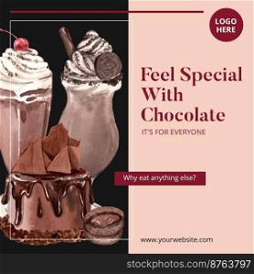Instagram post template with chocolate dessert concept,watercolor style
