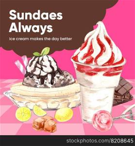 Instagram post template with sundae ice cream concept, watercolor style 
