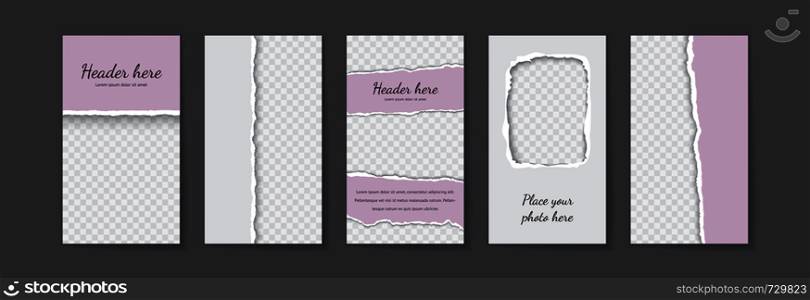 Instagram stories template with pink torn paper editable vector design on transparent background with space for text and photo. Instagram story template vector set with space for text