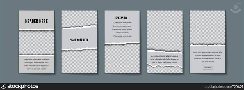 Instagram stories template with torn paper editable vector design White torn paper on transparent background with space for text and photo. Instagram story template vector set with space for text