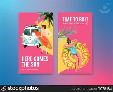 Instagram summer template design for vacation and holiday travel watercolor illustration