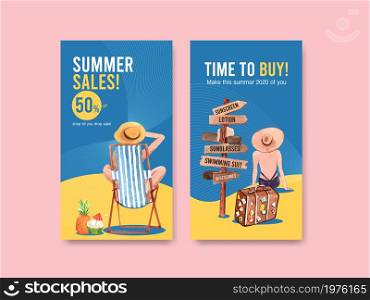 Instagram summer template design for vacation and holiday travel watercolor illustration
