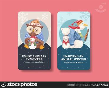 Instagram tempalte with animal enjoy winter concept,watercolor style
