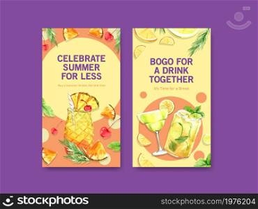 Instagram template design for summer drink watercolor vector.