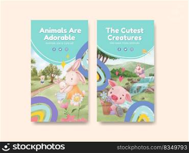 Instagram template with adorable animals concept,watercolor style 
