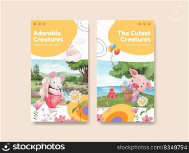 Instagram template with adorable animals concept,watercolor style 