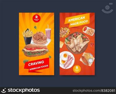 Instagram template with American foods concept,watercolor style 