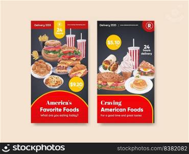 Instagram template with American foods concept,watercolor style
