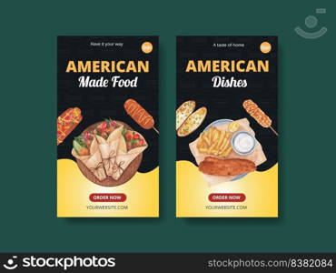 Instagram template with American foods concept,watercolor style 