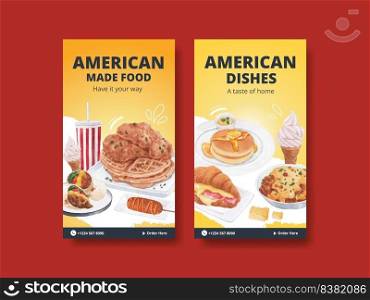 Instagram template with American foods concept,watercolor style 