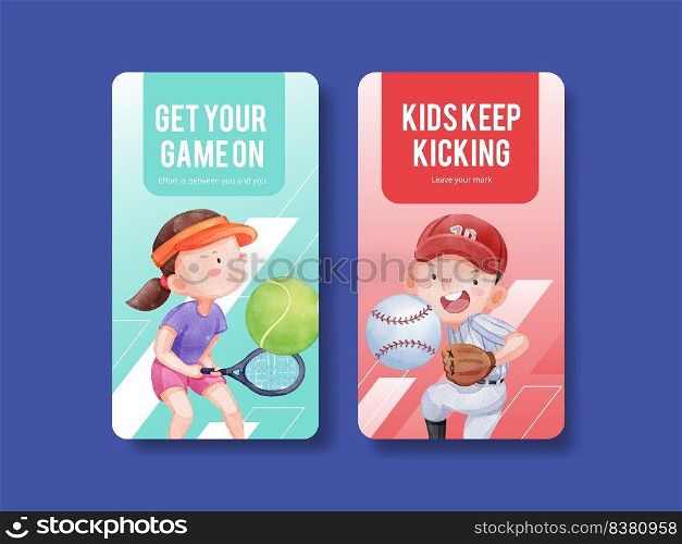 Instagram template with American sport kids concept,watercolor style  