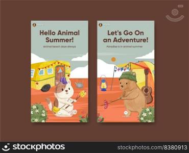 Instagram template with animal c&ing summer concept,watercolor style  