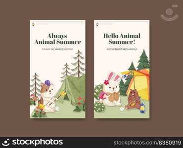 Instagram template with animal c&ing summer concept,watercolor style  