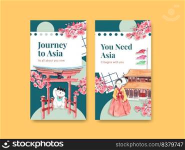 Instagram template with Asia travel concept design for social media and online marketing watercolor vector illustration 