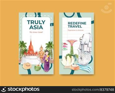 Instagram template with Asia travel concept design for social media and online marketing watercolor vector illustration 