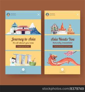 Instagram template with Asia travel concept design for social media and online marketing watercolor vector illustration
