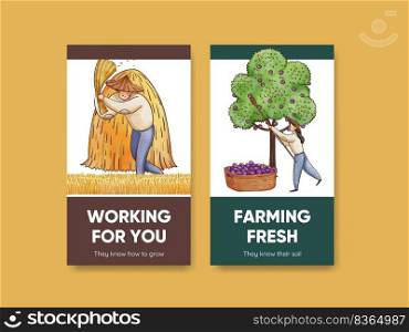 Instagram template with Asian farmer concept,watercolor style 