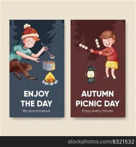 Instagram template with autumn c&ing picnic concept,watercolor style 