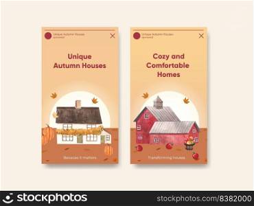 Instagram template with autumn home cozy concept,watercolor style 
