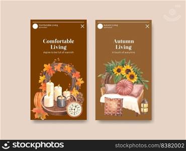 Instagram template with autumn home cozy concept,watercolor style 