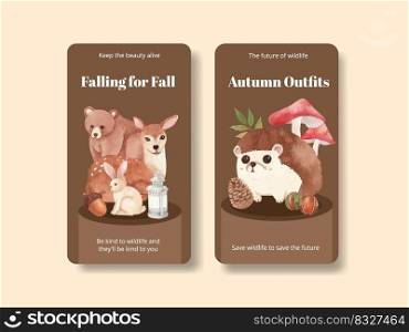 Instagram template with autumn outfit woodland life concept,watercolor style 