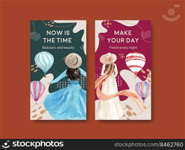 Instagram template with balloon fiesta concept design for online marketing and social media watercolor vector illustration
