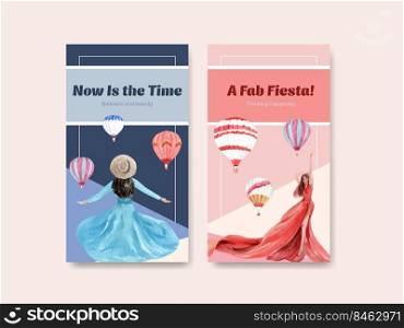 Instagram template with balloon fiesta concept design for online marketing and social media watercolor vector illustration 