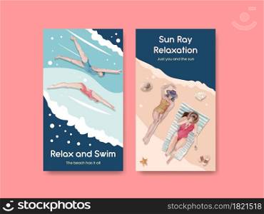 Instagram template with beach vacation concept design for social media watercolor illustration