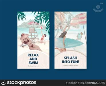 Instagram template with beach vacation concept design for social media watercolor illustration 