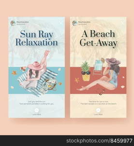 Instagram template with beach vacation concept design for social media watercolor illustration 