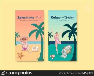 Instagram template with beach vacation concept design for social media watercolor illustration 