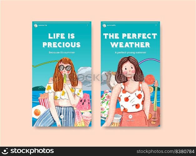 Instagram template with beautiful life summer concept,watercolor style

