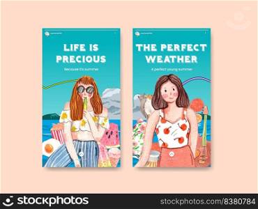 Instagram template with beautiful life summer concept,watercolor style
