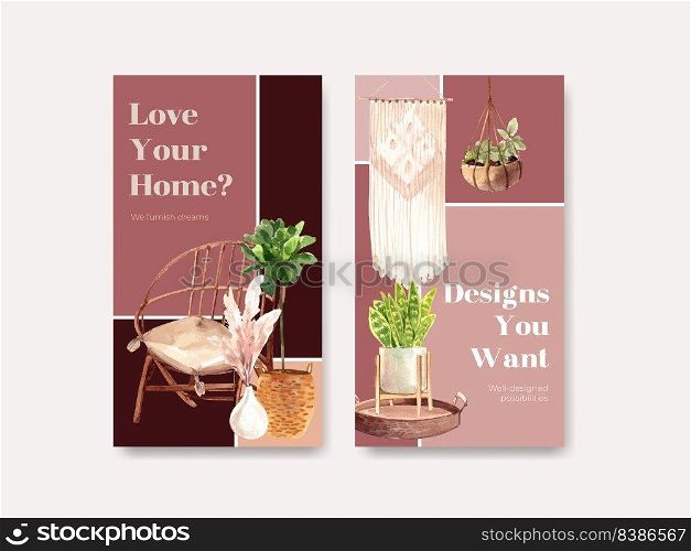 Instagram template with boho furniture concept design for social media and online marketing watercolor vector illustration 