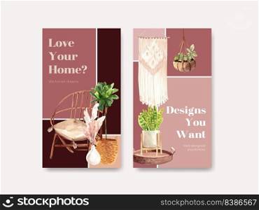 Instagram template with boho furniture concept design for social media and online marketing watercolor vector illustration 