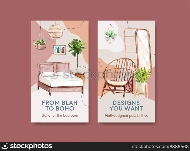 Instagram template with boho furniture concept design for social media and online marketing watercolor vector illustration
