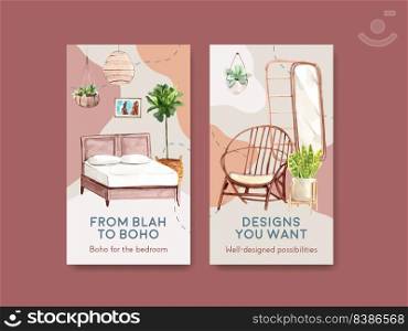Instagram template with boho furniture concept design for social media and online marketing watercolor vector illustration
