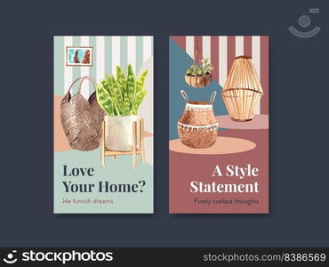 Instagram template with boho furniture concept design for social media and online marketing watercolor vector illustration 