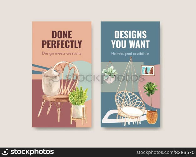 Instagram template with boho furniture concept design for social media and online marketing watercolor vector illustration 