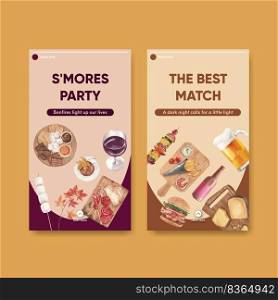 Instagram template with bonfire party concept,watercolor style
