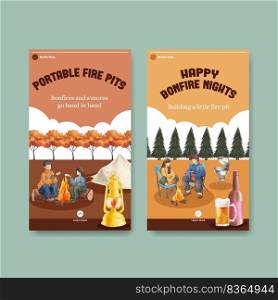 Instagram template with bonfire party concept,watercolor style 