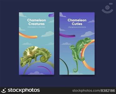 Instagram template with chameleon lizard concept,watercolor style 