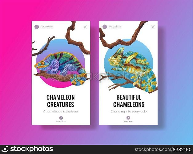 Instagram template with chameleon lizard concept,watercolor style
