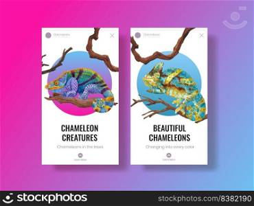 Instagram template with chameleon lizard concept,watercolor style
