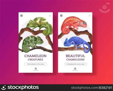 Instagram template with chameleon lizard concept,watercolor style 